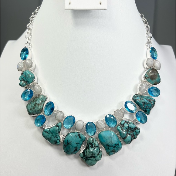Turquoise Blue Topaz Moonstone Large Gemstone Necklace & Bracelet Set - Picture 4 of 13